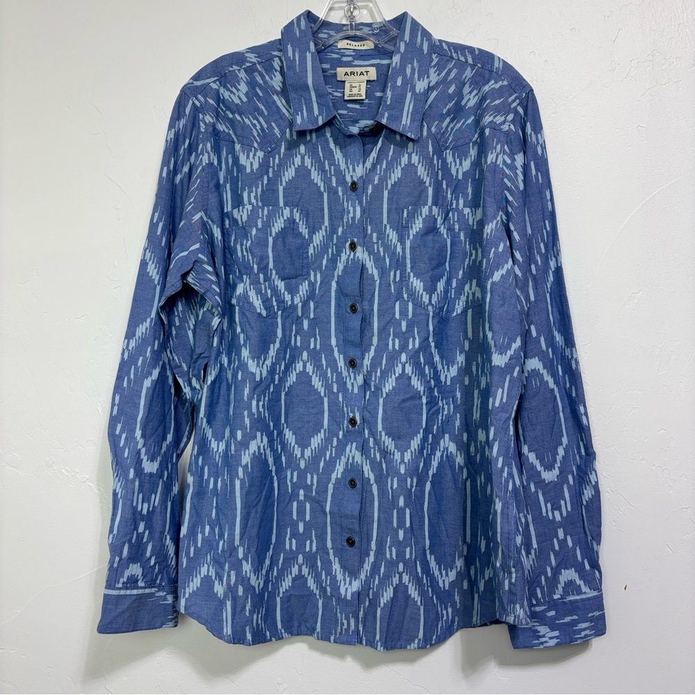Ariat Women's Western Button Front Long Sleeve Shirt Relaxed XL 100% Cotton Blue